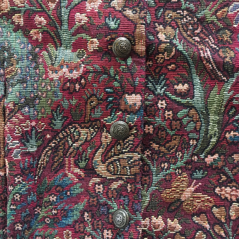 Vintage Tapestry Vest 90s Whimsical Forest Animals Floral Button Up Womens Small - Picture 10 of 11